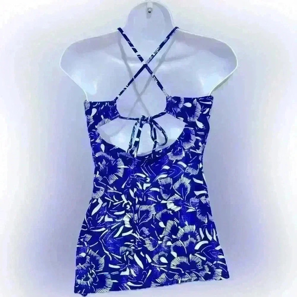 Athleta Tankini Top S 4 6 Blue White Batik Floral Keyhole High Neck Swim Resort - Picture 4 of 5